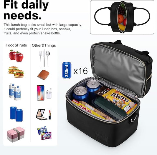 BALORAY Lunch Bag for Women Men, Double Deck Lunch Box for Adults, PU Leather Lunch Tote Bag Insulated Lunch Bags with Strap for Work Office Picnic