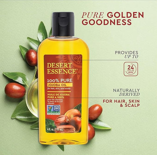 Desert Essence 100% Pure Jojoba Oil – 4 Fl Oz Moisturizer for Hair, Skin & Scalp | Makeup Remover & Aftershave Hydrator, Non-GMO, Vegan, Cold-Pressed, Anti-Flakiness & Non-Clogging Beauty Elixir