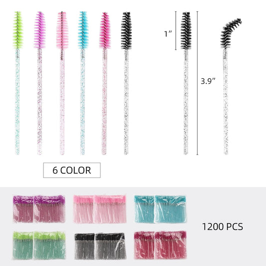 Tbestmax 1200 Disposable Eyelash Brush Crystal Eyebrow Spoolies Mascara Wands Makeup Brushes Applicators Kits for Eyelash Extensions - 6 Colors