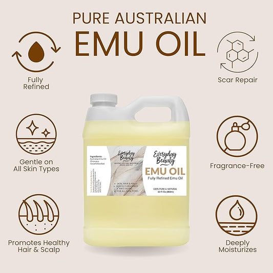 Pure Australian Emu Oil Bulk 32 Fl Oz - All Natural 6X Refined for Face, Skin and Hair - Highly Effective Hydration for Sensitive Skin and Hair Growth - Perfect for Scars and Blemishes