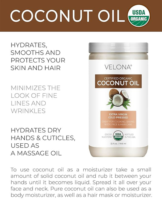 Velona USDA Certified Organic Coconut Oil Extra Virgin - 32 fl oz | Food and Cosmetic Grade | in jar | Extra Virgin, Cold Pressed