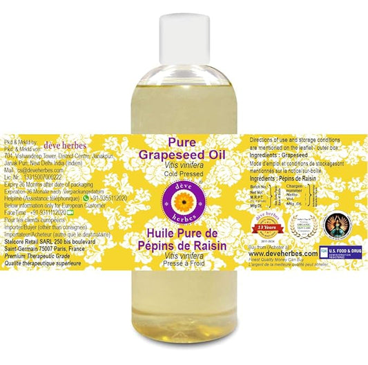 Deve Herbes Pure Grapeseed Oil (Vitis vinifera) 100% Natural Therapeutic Grade Cold Pressed 200ml (6.76 oz)
