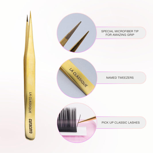 Curacoro Lash Tweezer - Professional & Precision Fiber Tip Grip Lash Tweezers for Eyelash Extensions, Multi Shapes & Purposes Tweezers for Volume, Isolation & Classic Lashes (Gold, La Classique)