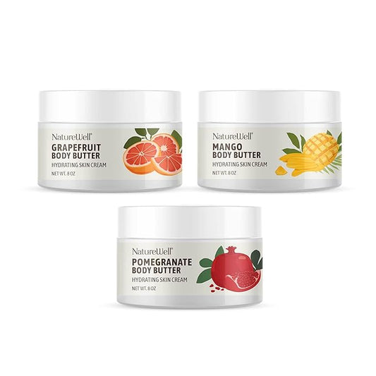 NATURE WELL Shea Body Butter Variety Pack, Includes Grapefruit, Mango, & Pomegranate, Provides Ultimate Nourishment & Hydration, 3 Pack (8 Ounces Each)