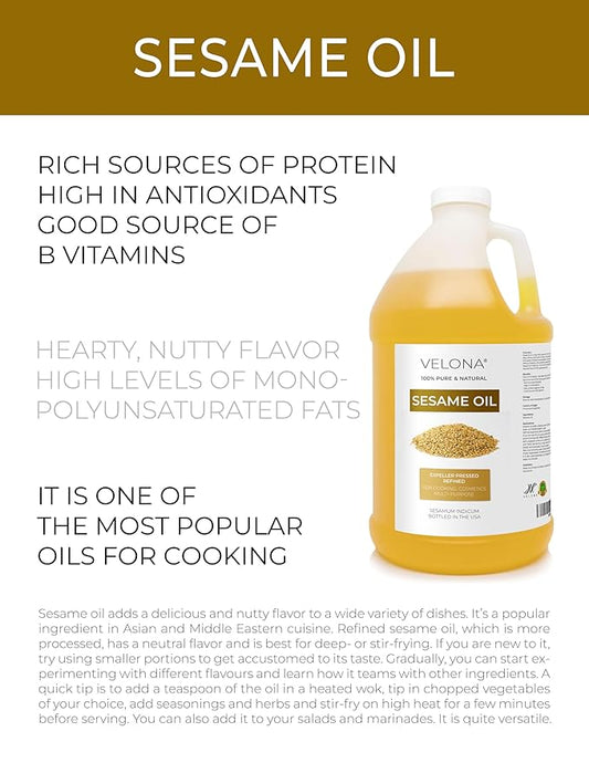 Sesame Seed Oil by Velona - 64 Fl Oz | 100% Pure and Natural Carrier Oil | Refined, Expeller Pressed | Cooking, Skin, Hair, Body & Face Moisturizing | Use Today - Enjoy Results