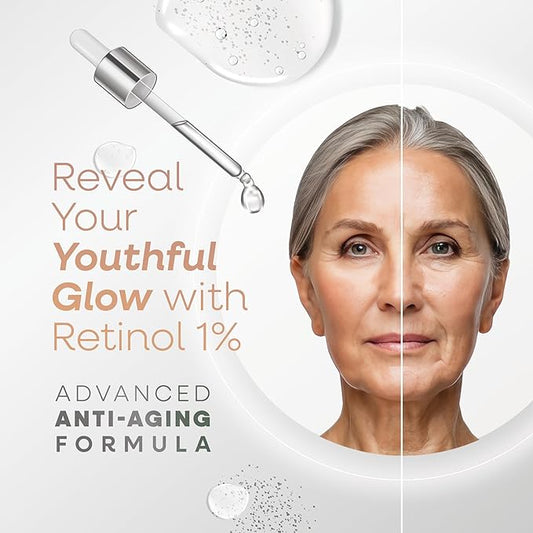 RETINOL 1% FACE SERUM - Anti-Wrinkle Serum, Deep Wrinkle Treatment with Hyaluronic Acid, Apple Stem Cells, and Citrus Extract - Serum for Fine Lines, 1 oz Glass Bottle