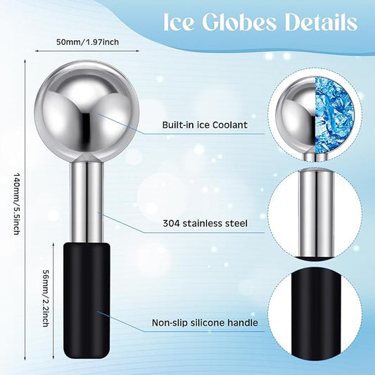 Baderke 2 Pcs Ice Globes for Face Stainless Steel Cooling Globes Unbreakable Cooling Roller Women Ice Balls Cryo Sticks Face Skin Care for Dark Circles, Puffiness(Silver (black Handle))