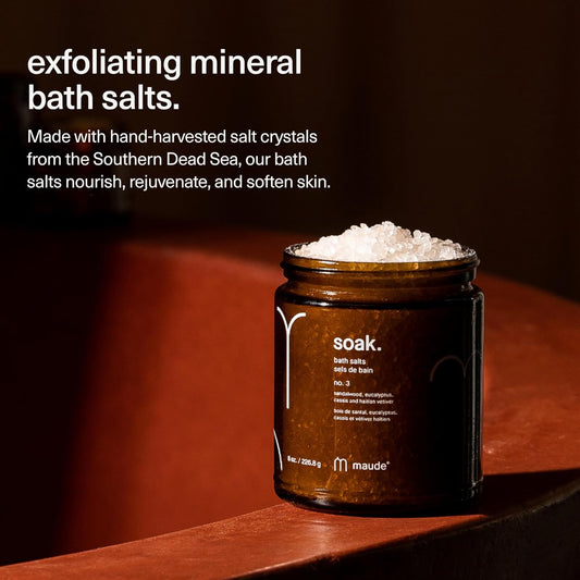 Maude Soak No. 3 - Nourishing Mineral Bath Salts - Hand-Harvested Dead Sea Salt with Magnesium & Potassium Chloride - Soften & Rejuvenate Skin - Notes of Sandalwood & Eucalyptus (8 oz)