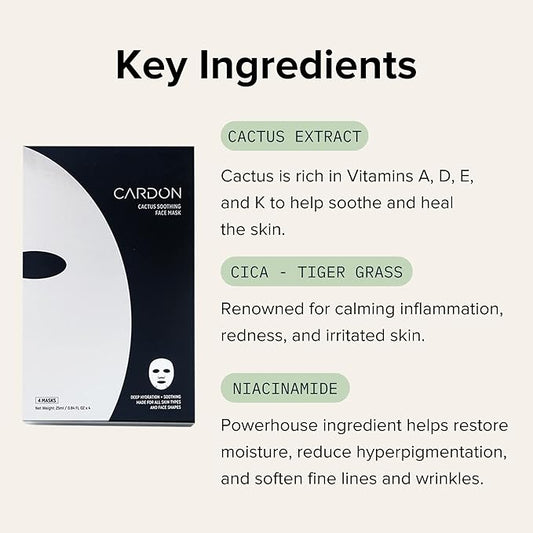 Cardon Cactus Soothing Sheet Mask | Korean Sheet Masks for Sensitive Skin Post-Shave | Korean Skin Care Mask | Vitamin E, Cactus Extract, Heartleaf, Cica | 4-Pack