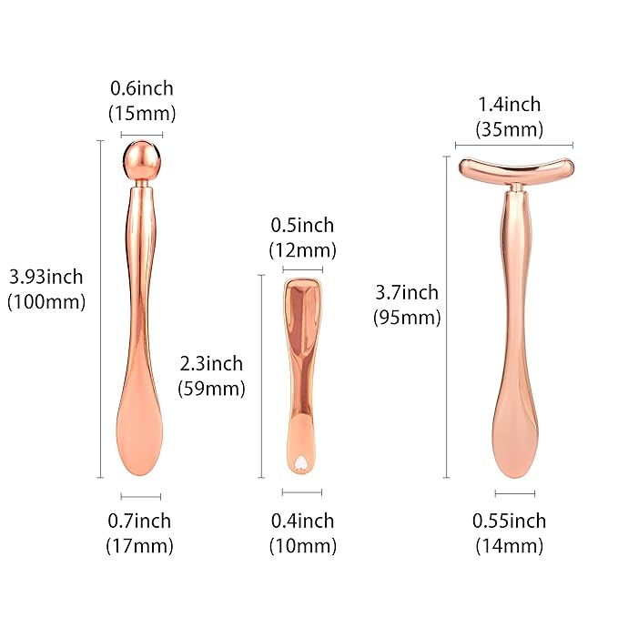 3Pcs Metal Eye and Face Cream Applicator Stick Cosmetics Spoon Spatula, Massager Tool for Facial Massage, Reduce Puffiness (Rose Gold)