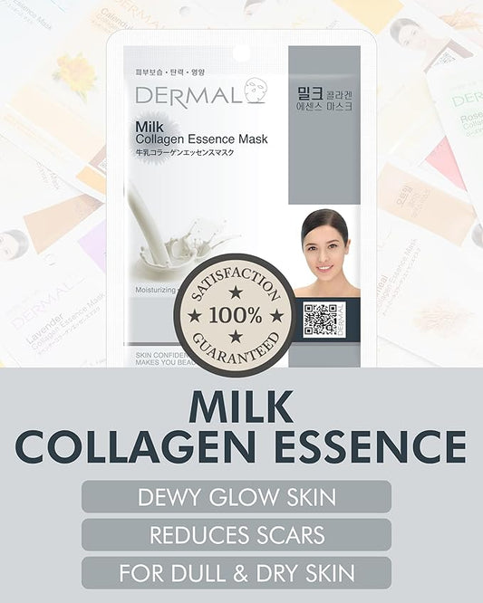 DERMAL Milk Collagen Essence Facial Mask Sheet 23g Pack of 10 - Skin Soft & Elastic, Nourishing and Moisturizing, Daily Skin Treatment Solution Sheet Mask