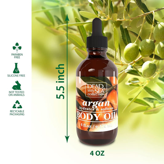 Dead Sea Collection Body Oil with Argan - Dry Skin Moisturizer and Hydrating Massage - Nourishing Bath Oil - Increase Skin Elasticity and Provide Anti-Aging Support for Face and Body (4 fl.oz)