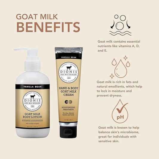 Dionis Goat Milk Skincare Vanilla Bean 8.5oz Hydrating Body Lotion and 3.3oz Hand & Body Moisturizing Travel Size Cream Scented Bundle, Natural Ingredients, Made in the USA, Cruelty Free, Paraben Free