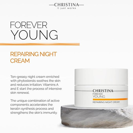 '-CHRISTINA- Forever Young Repairing Night Cream - 50ml - Lightweight & Non-Oily Retinol Cream with Peptides, Vitamins A & E for Overnight Hydration - For All Skin Types