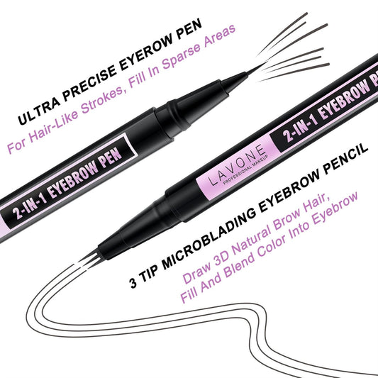 LAVONE Eyebrow Pencil, 2-In-1 Waterproof Eyebrow Pen, with 3 Tip Microblading Eyebrow Pen and Ultra-Precise Brow Pencil, Dual-ended Eyebrow Brush, for Eyebrow Makeup - Light Grey