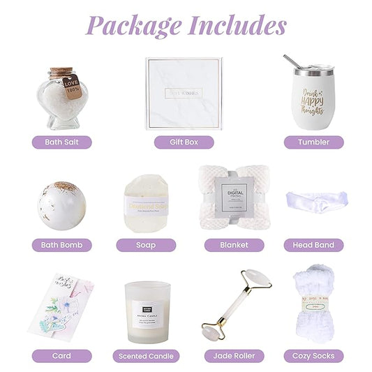 Birthday Gifts For Women, Self Care Gifts For Women - Jade Roller, 10 in 1 Spa Basket Care Package, Get Well Soon Gifts w/ Plush Blanket, Relaxing Spa Gift Basket, Birthday Gift Basket For Mom Wife