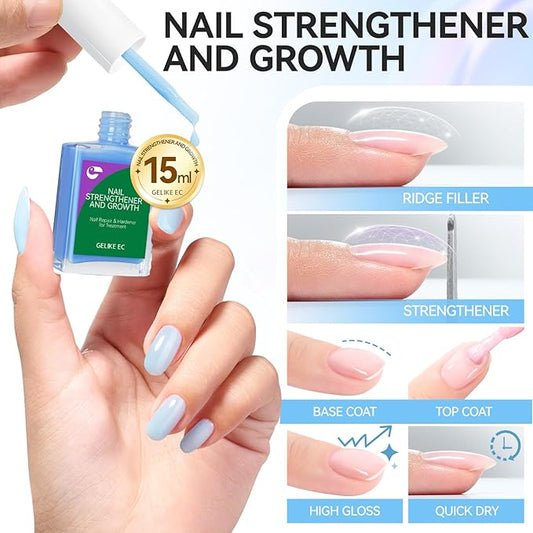 Nail Polish Strengthener and Growth Treatment: Azure Blue 15ml Gelike EC 6 in 1 Natural Nail Strengthener for Damaged Nails - Long Lasting Nail Hardener and Strengthener - For Daily Home Salon