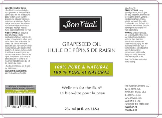 Bon Vital' Grapeseed Oil, 100% Pure Skin Toner and Massage Oil, For Hair Care, Aromatherapy, and Massage, Helps Reduce Wrinkles and Prevents Premature Aging, Skin Moisturizer, 8 Oz, Label may Vary
