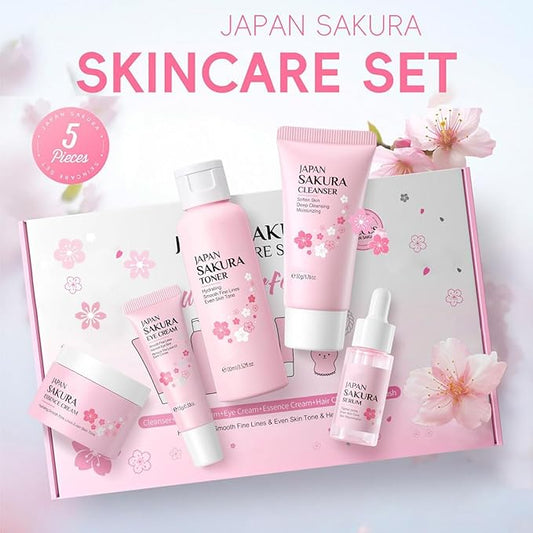 Skin Care Sets for Teenage Girls JAPAN SAKURA Women Beauty Gift Sets Skincare Kit with Cleanser, Toner, Serum, Eye Cream, Face Cream Travel Pamper Sets for Women Gifts,Skin Care Sets & Kits
