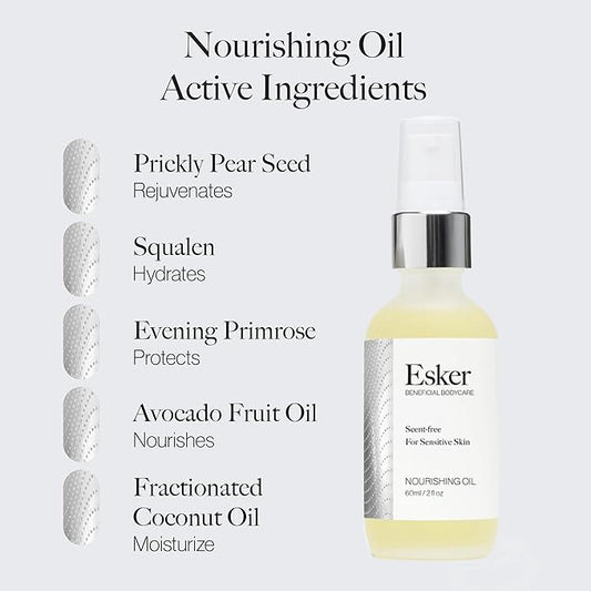 ESKER Nourishing Body Oil For Sensitive Skin Formulated to Hydrate and Retstore Dry Skin Infused with Prickly Pear Oil | Unscented | Vegan | Cruelty-Free Clean Beauty (2 fl oz | 60 ml)