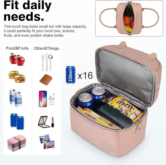 BALORAY Lunch Bag for Women Men, Double Deck Lunch Box for Adults, PU Leather Lunch Tote Bag Insulated Lunch Bags with Strap for Work Office Picnic