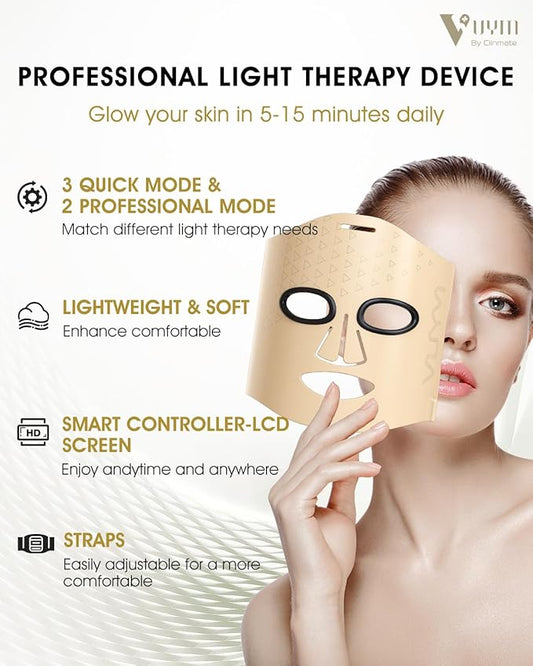 VYM LED Face Mask Light Therapy: Portable Remote High-Energy Anti-Aging Skincare Device, 292 LEDs Professional Infrared Red Light Therapy for Face, Red Light Mask Gift Pack - Gold