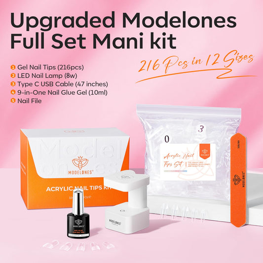 modelones Short Square Gel Nail Tips Kit, 9-in-One Nail Glue with Portable U V Lamp 216Pcs 12Sizes Pre-Etched Press ons Fake Acrylic Extension Kit DIY Salon Gift for Women