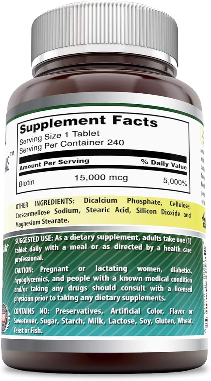 Amazing Formulas Biotin 15000 mcg - Supports Healthy Hair, Skin & Nails - Promotes Cell Rejuvenation - Supports Healthy Metabolism & Digestive Health (240 Tablets) (Non GMO-Gluten Free)