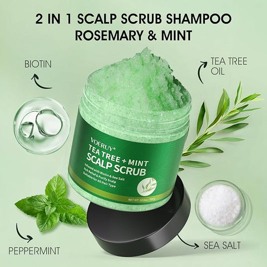 Scalp Scrub, Tea Tree Scalp Exfoliator Scrub Shampoo, 2-in-1 Scalp Treatment with Mint Oil, Hair Treatment to Clarify and Remove Build up with Silicone Scalp Massager, 10.6oz/300g