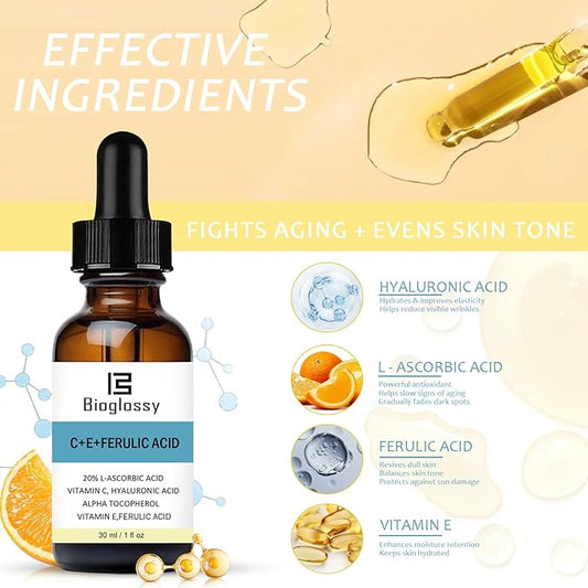 Vitamin CE Ferulic Acid Serum 20% Vitamin C Serum + Vitamin E & Hyaluronic Acid - Skin Moisturizer Face Dark Spot Corrector and Anti Aging 30ml / 1 fl.oz