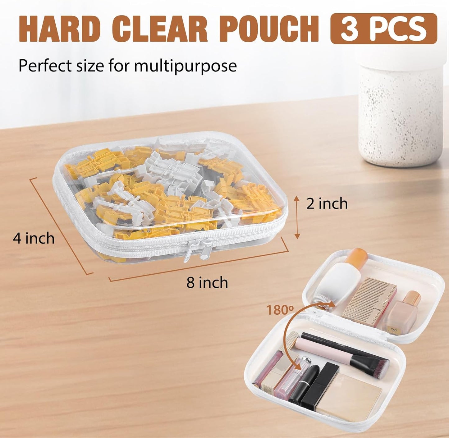 Clear Hard Shell Zipper Case 3 PCS Clear Cosmetic Make up Bag Waterproof Travel Toiletry Bag for Women, Hard Plastic Zipper Pouches Portable Travel Storage Organizer Bins (White, 8"x4"x2")