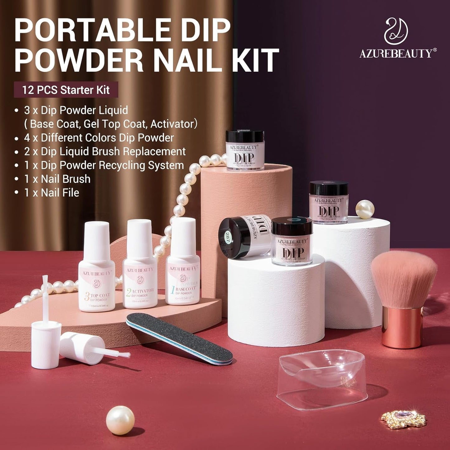 AZUREBEAUTY Dip Powder Nail Starter Kit White Mauve Glitter Champagne, Dipping Powder 4 Colors Set, French Nail Art Base Top Coat Activator Liquid Manicure DIY Salon 12 PCS