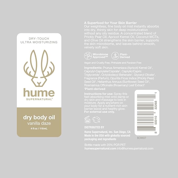 HUME SUPERNATURAL Dry Body Oil Spray - Moisturizing Oil for Dry Skin, After Shower Body Oils for Women and Men, Nourishing, Hydration, Glow, Probiotic, Vanilla Daze, 2-Pack