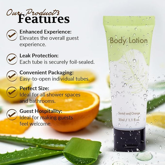 Leak-Proof Travel Size Body Lotion 1.1 Fl.oz/ 30 ml Each 200PCS Bulk Pack of Hotel Lotion Santal and Orange Scent Amenities and Toiletries for Hospitality