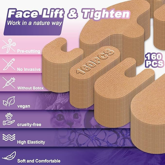 Wrinkle Patches, 160 PCS Face Tape, Pre Cut Kinesiology Full Face Tape for Wrinkles, V Line, Forehead, 11's, Frown, Eye, Lip - Neck Wrinkle Pads, Overnight Used High Elastic Facial Tape