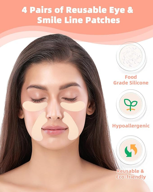 Reusable Eye and Smile Line Patches - 4 Pairs Silicone Under Eye Patches and Nasolabial Folds Patches, Reusable Eye Mask, Silicone Wrinkle Patches for Eye Lines & Smile Lines Treatment, No Adhesive
