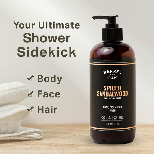 Barrel and Oak - All-In-One Body Wash, Men's Face, Hair, & Body Wash, Natural Exfoliator & Moisturizer, Hydrates Hair & Beard, Fragrant Amber Scent, Certified Organic (Spiced Sandalwood, 16oz)