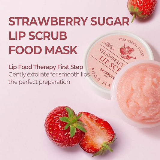 SKINFOOD Strawberry Sugar Lip Scrub Mask, Exfoliating Lip Care, Hydrating Korean Lip Product for Soft & Smooth Lips, Deep Nourishment Mild Sugar Scrub Vegan (0.71 fl. Oz.)