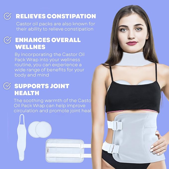 Castor Oil Pack Wrap Kit, 4 Pcs Organic Cotton, Adjustable Strap for Neck, Waist, Chest, Knee, Reusable, Washable - Detox, Constipation, Inflammation