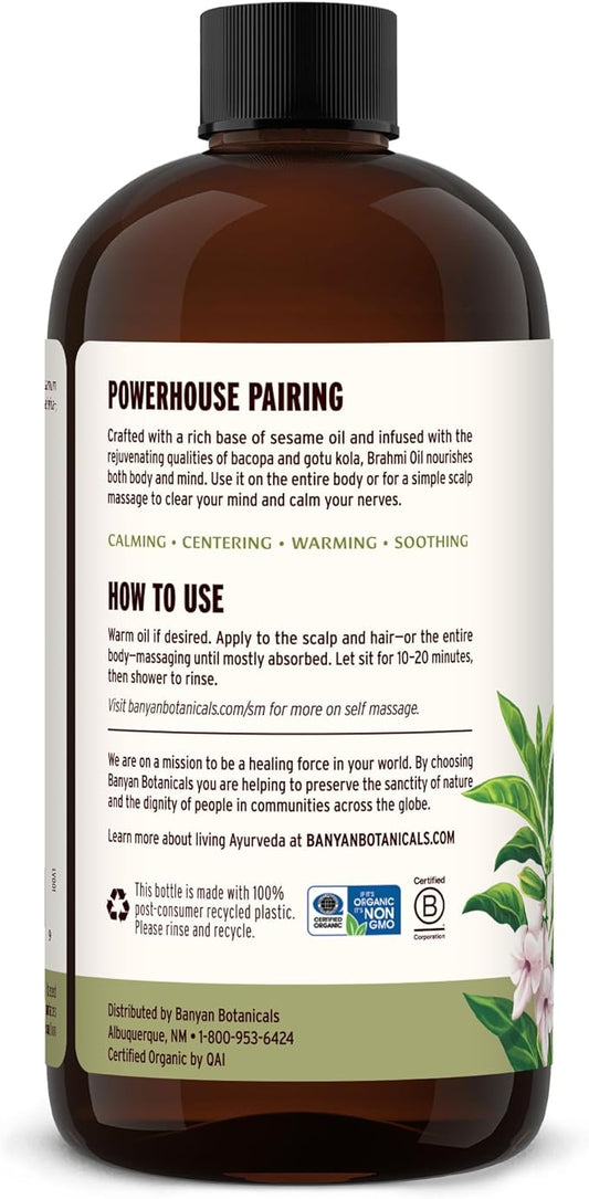 Banyan Botanicals Brahmi Oil with Sesame – Organic Ayurvedic Massage Oil with Gotu Kola and Bacopa – Calming Massage Oil for Focus & Relaxation – 24 oz – Non GMO Sustainably Sourced Abhyanga Oil