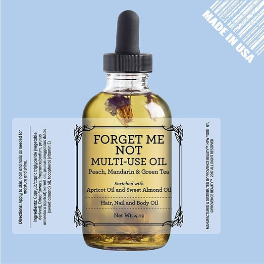Multi-Use Oil for Face, Body and Hair - Forget Me Not - Organic Blend of Apricot, Vitamin E and Sweet Almond Oil Moisturizer for Dry Skin, Scalp and Nails - Peach, Mandarin and Green Tea - 4 Fl Oz
