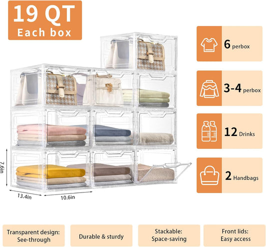 10 Pack Closet Organizers and Storage,Clear Stackable Plastic Storage Bins with Lids Magnetic Doors,Clothes Organizers and Storage,Plastic Craft Containers for Wardrobe Kitchen Bathroom Office