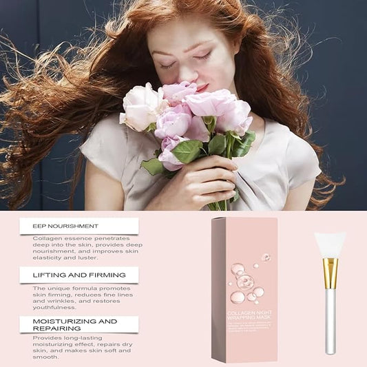 Collagen Night Wrapping Mask,Overnight Peel Off Hydrolyzed Collagen Facial Mask,Hydrates and Tightens Skin,Elasticity & Hydration Care 2.54 fl.oz(Brush Included)