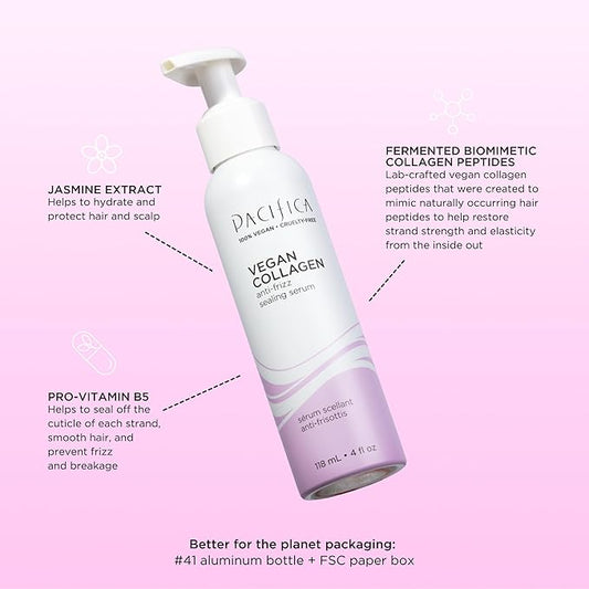 Pacifica Vegan Collagen Hydrating Leave-In Repair Hair Mask, Softens & Restores Shine, Seals Split Ends, For Dry, Damaged & Color-Treated Hair, Silicone & Sulfate Free, Vegan, 4 oz