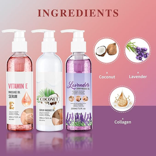 Body Massage Oil Serum, Lavender, Coconut & Vitamin E, Non-Greasy, Moisturising, 7 fl.oz x 3