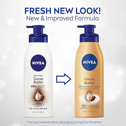 NIVEA Cocoa Butter Body Lotion with Deep Nourishing Serum, 16.9 Fl Oz Pump Bottle (Pack of 2)