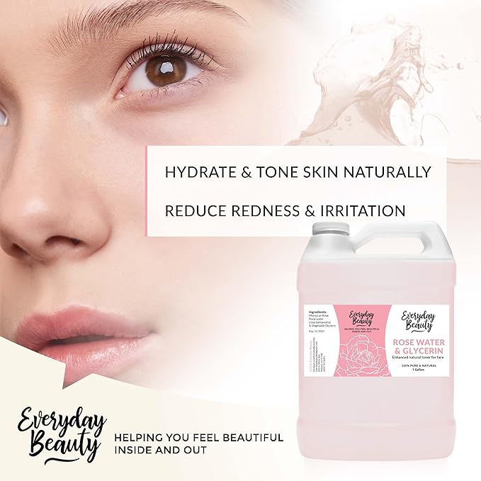 Rose Water & Glycerin Enhanced Facial Toner - 1 Gallon Bulk Alcohol-Free Vegan All Natural Refreshing for Face and Hair - Uplifts, Calming & Soothing for All Skin Types