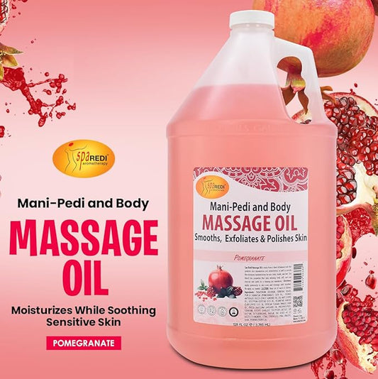 SPA REDI - Massage Oil, Pomegranate, 128 Oz - Professional Full Body Massage Therapy, Made with Almond Oil, Cotton Seed Oil, Sunflower Oil, Avocado Oil, Essential Oils and Vitamin E