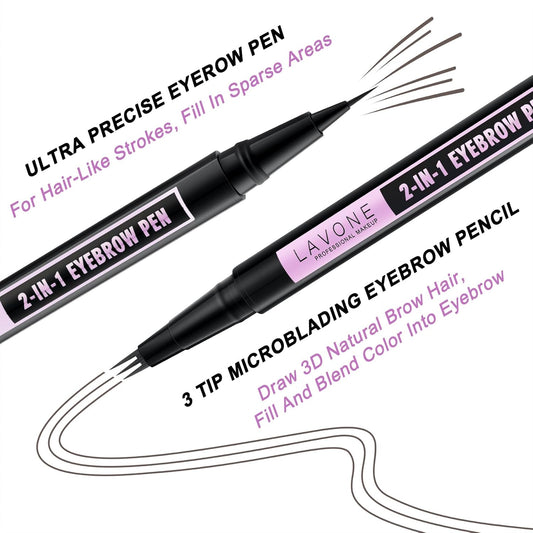 LAVONE Eyebrow Pencil, 2-In-1 Waterproof Eyebrow Pen, with 3 Tip Microblading Eyebrow Pen and Ultra-Precise Brow Pencil, Dual-ended Eyebrow Brush, for Eyebrow Makeup - Black Brown