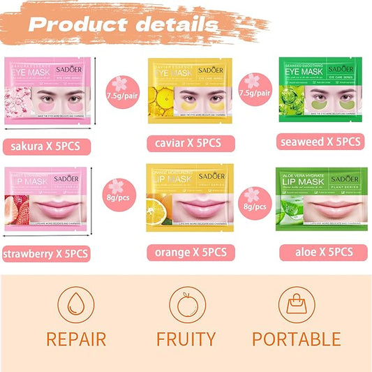 30 PCS Eye Masks & Lip Mask,Under Eye Patches for Reducing Fine Lines and Dark Circles,Gel Crystal Lip Care Pads Mask Bulk for Moisturizing, Spa or Wrinkles Patches for Women Mother's Day Gifts